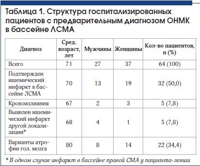 Таблица 1. Структура госпитализированных пациентов с предварительным диагнозом ОНМК в бассейне ЛСМА
